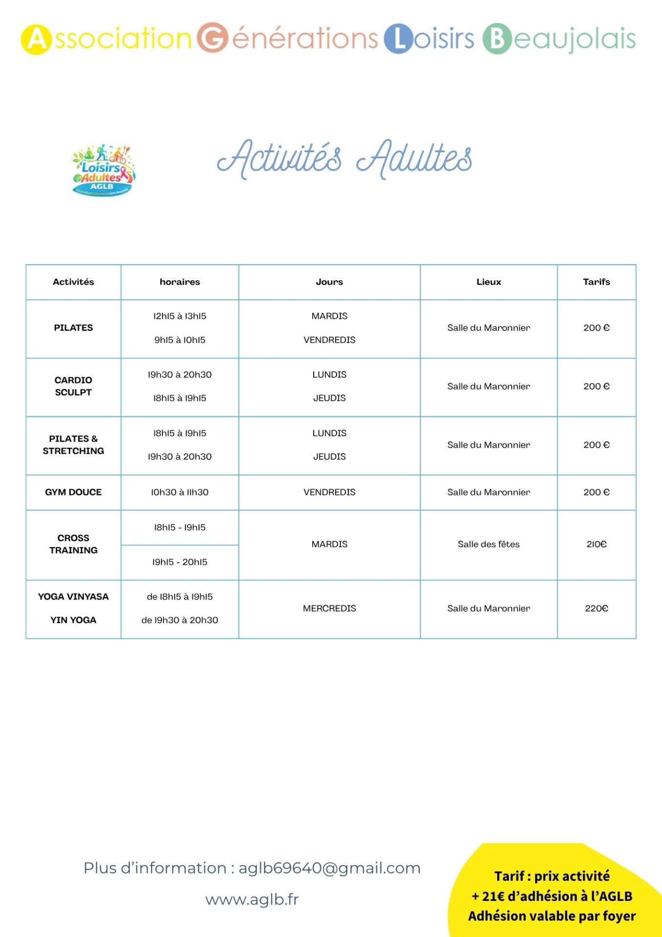 Tarif adultes